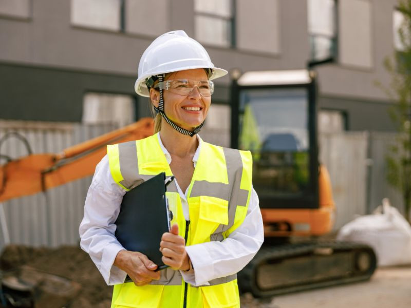 Ingeniera evaluando maquinaria pesada para proyectos de construcción, destacando la importancia de elegir el equipo adecuado.