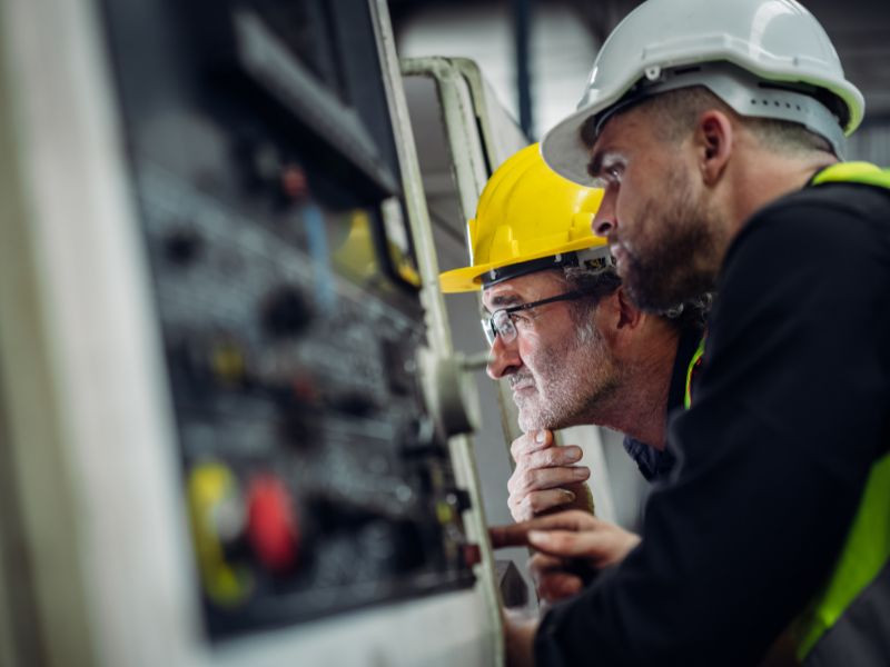 Trabajadores investigando diferentes coberturas de seguros para maquinaria pesada en construcción y minería.